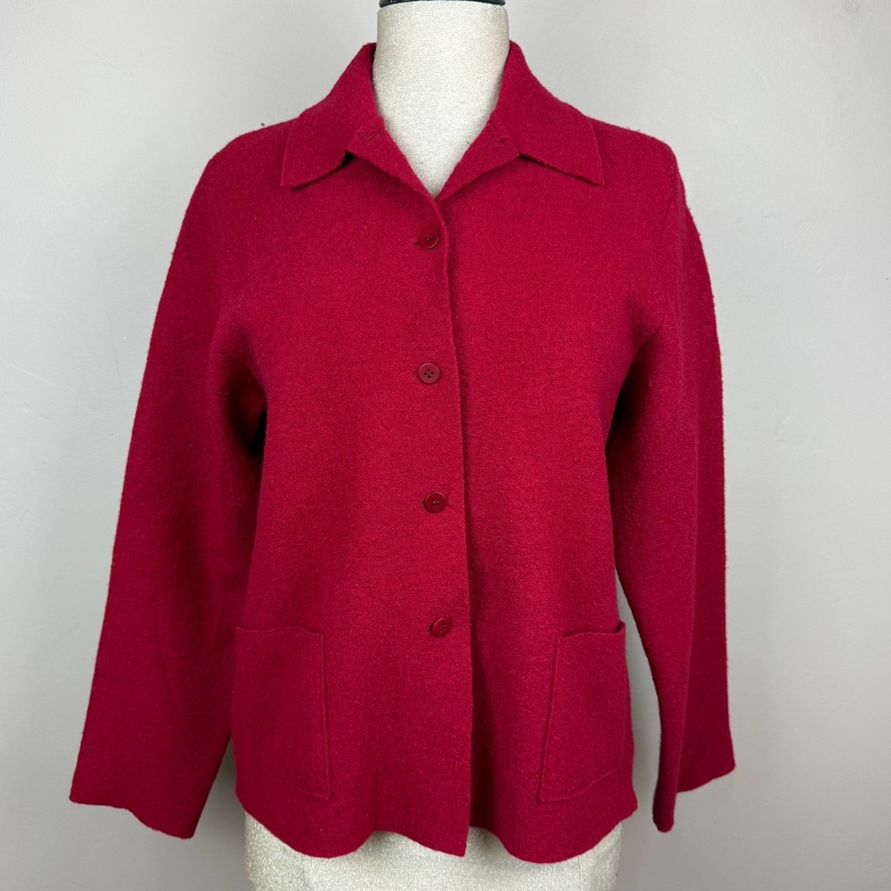 Eileen Fisher Jacket Women PM Red 100% Boiled Wool Button Front Collared Petite